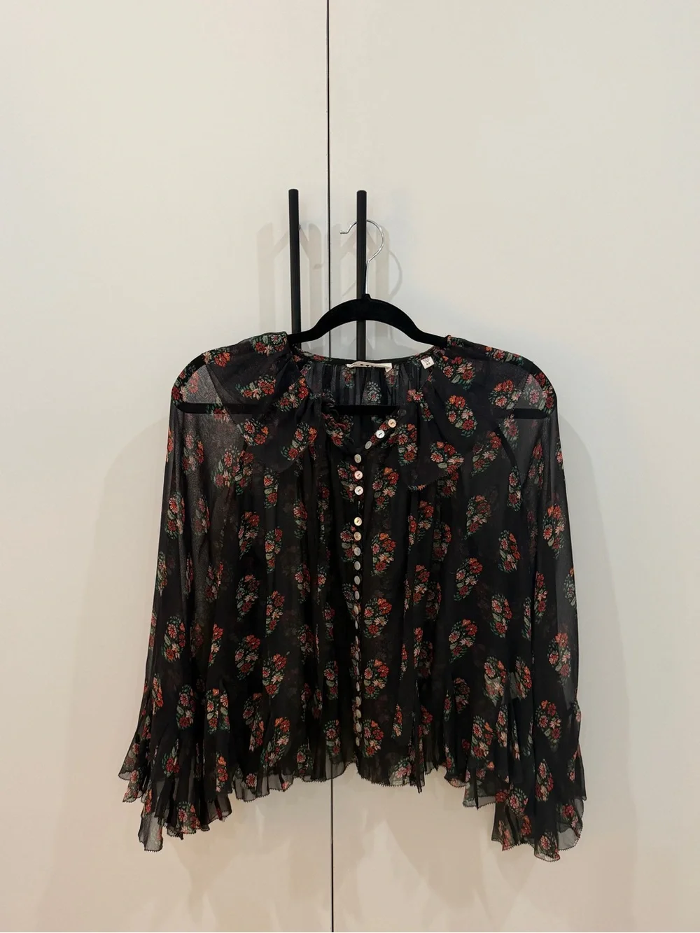 DOEN Sheer Black Floral Button-Front Blouse XS